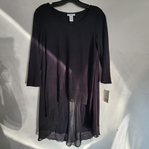 NEW Bar III Deep Black 3/4 Sleeve Hi Lo Chiffon Hem Knit Tunic Top Size Small - Picture 1 of 12